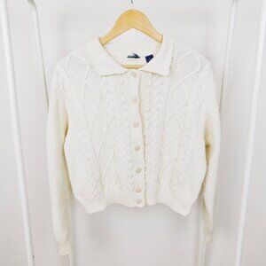 Vintage Cream Cable Knit Collared Cotton Cardigan / M